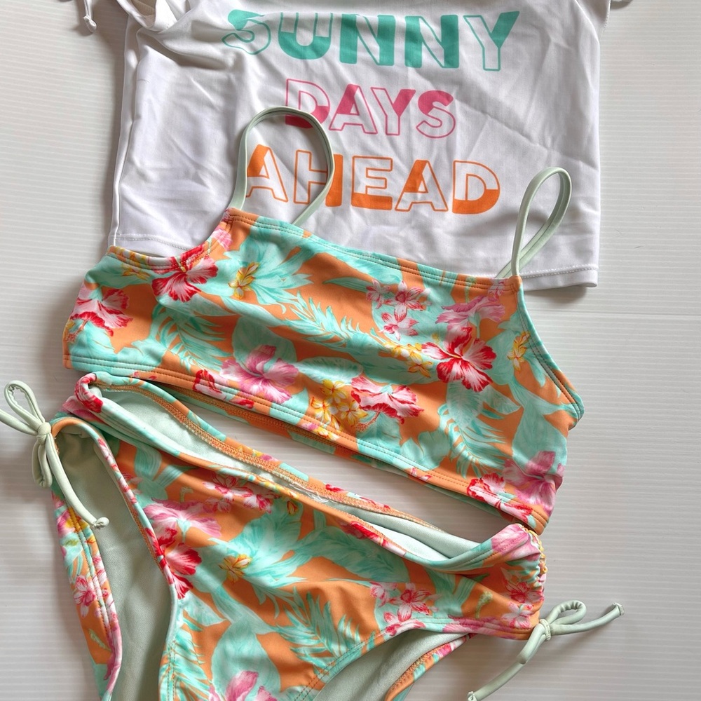 Floral Kids Swim Set - Orange and Green